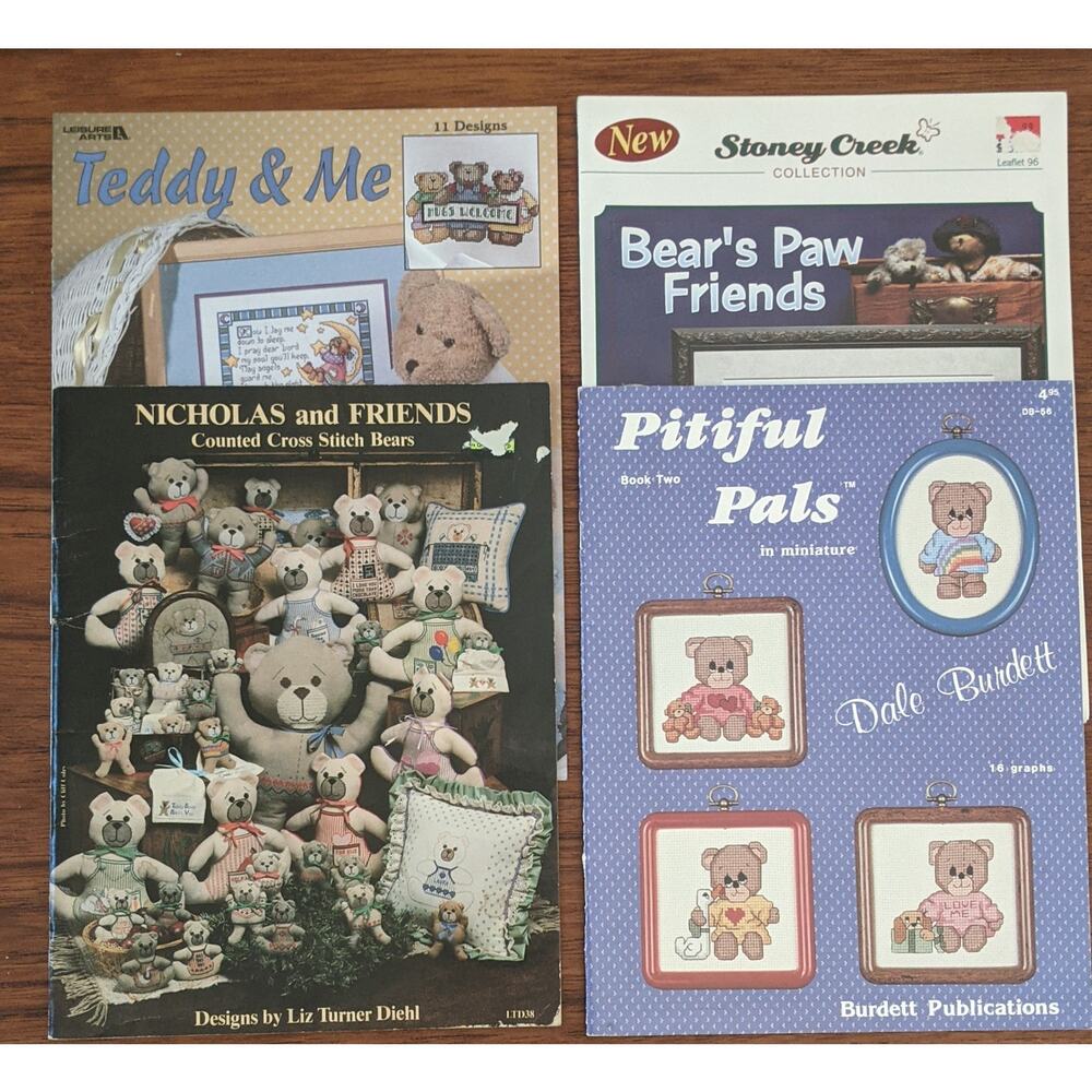 4 Teddy Bear Themed Cross Stitch Pattern Books